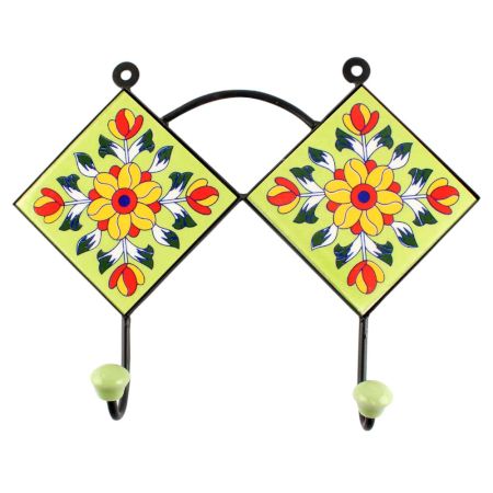 Sunflower Ceramic Tile Hook in Pea Green